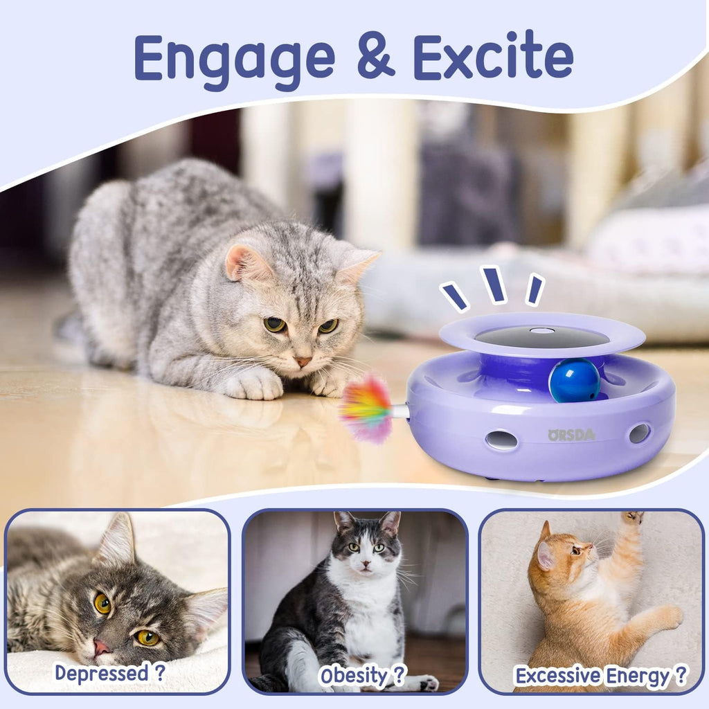 Cat Toys, 2 - In - 1 Interactive Cat Toys for Indoor Cats, Automatic Cat Toy Balls, Mice Toys Ambush Feather Kitten Toys with 7Pcs Attachments, Dual Power Supplies, Adjustable Speed, Auto On/Off - ThrivingPets