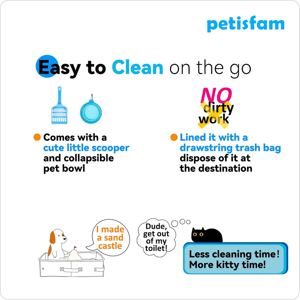Stop Lugging a Heavy Hard Litter Box Again. Portable Cat Travel Litter Box with Zipped Lid to Keep Everything Contained. Easy to Carry, Clean and Use in Car, Hotel, Airplane