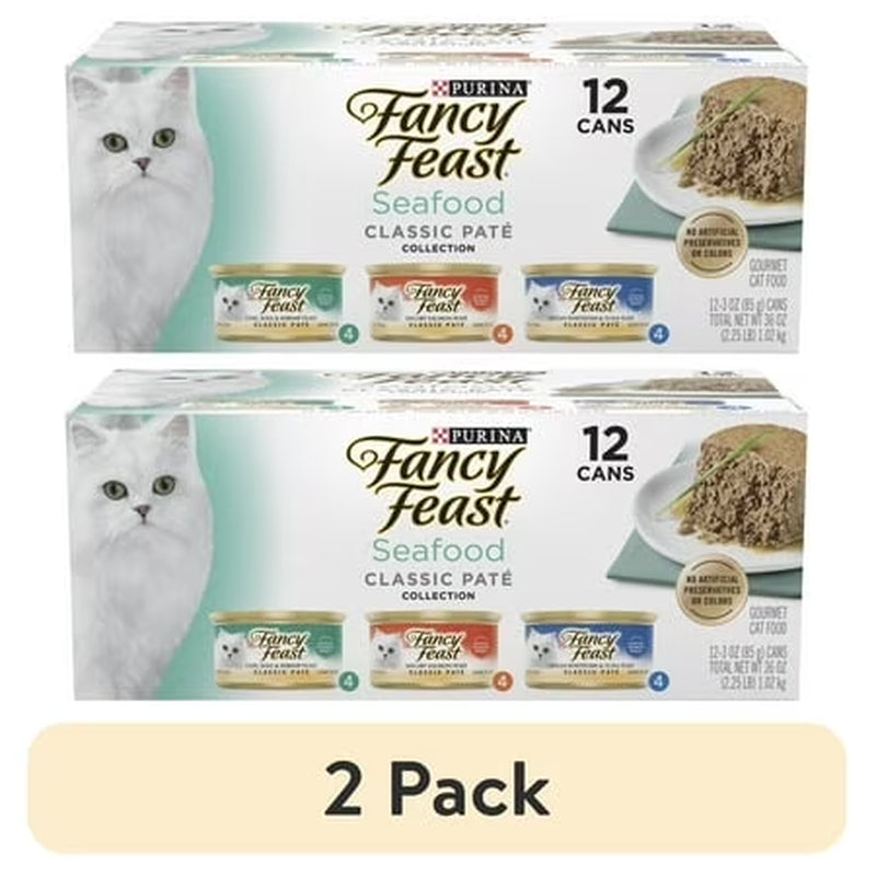 (2 Pack) Purina  Seafood Classic Pate Collection Grain Free Wet Cat Food Pate Variety Pack, 3 Oz Cans (12 Pack)