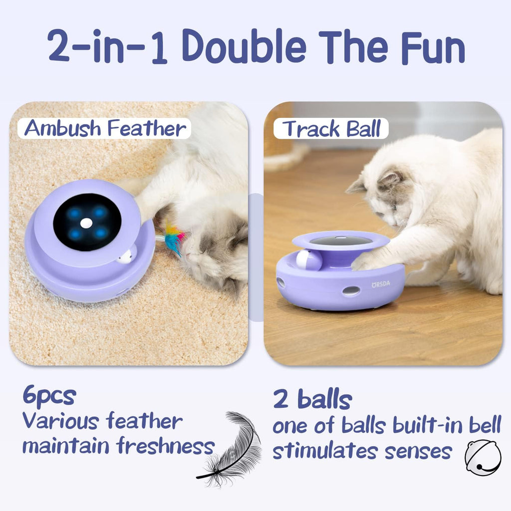 Cat Toys, 2 - In - 1 Interactive Cat Toys for Indoor Cats, Automatic Cat Toy Balls, Mice Toys Ambush Feather Kitten Toys with 7Pcs Attachments, Dual Power Supplies, Adjustable Speed, Auto On/Off - ThrivingPets